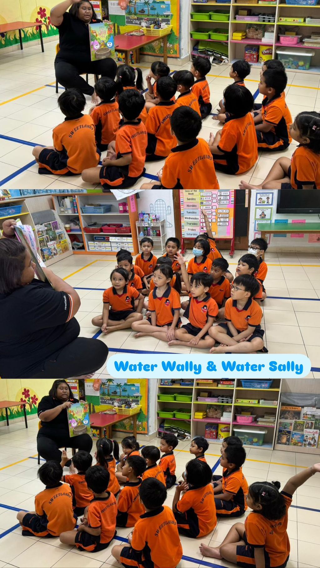 SSDB 2024 Water Conservation. The teacher and the children read the book, 'Water Wally & Water Sally'. They discussed on ways to save water.