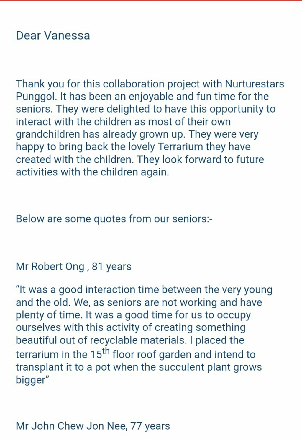 Intergenerational Bonding with the Seniors of MindCare Senior Activity Centre and NurtureStars Punggol through Terrarium Making! — photo 5